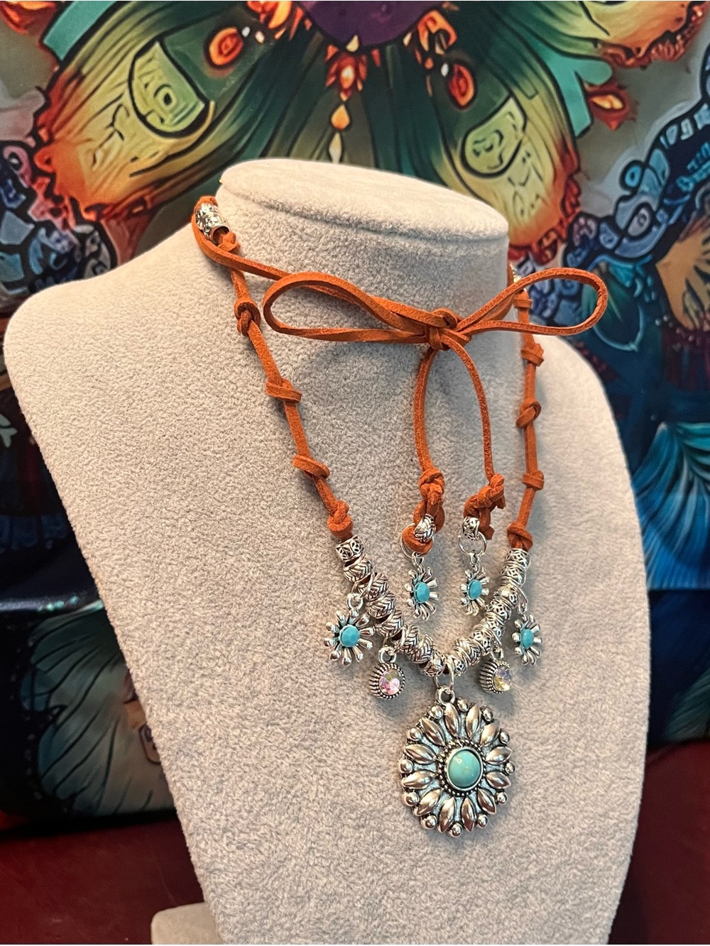 Bohemian Suede Corded “Desert Moon” Sunflower Handmade Necklace - Picture 3 of 8